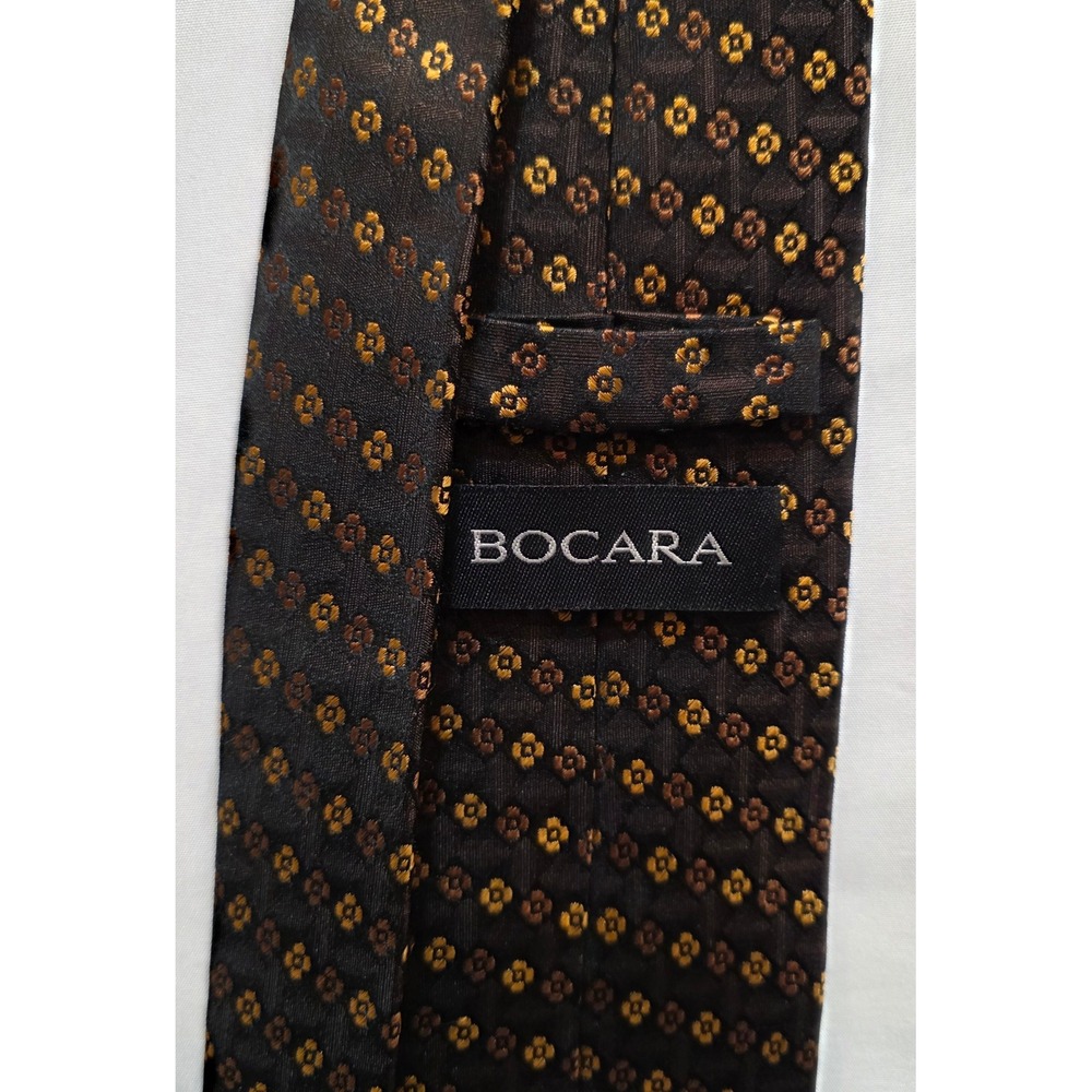 Bocara Mens Silk Tie Brown Gold Geometric Floral Pattern Handmade XL Necktie - Picture 3 of 4